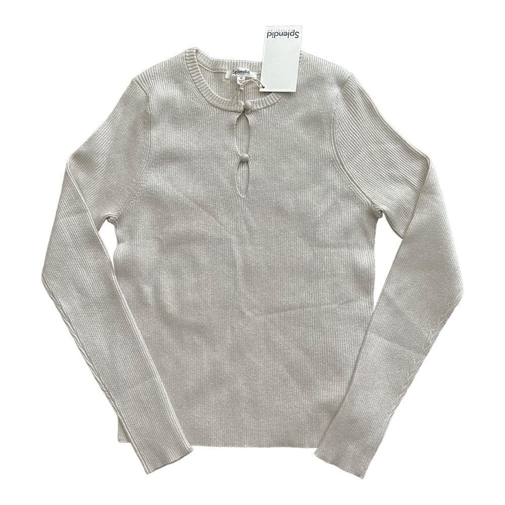 Splendid Peyton Lurex Metallic Rib Knit Keyhole Sweater Cream Sand Medium